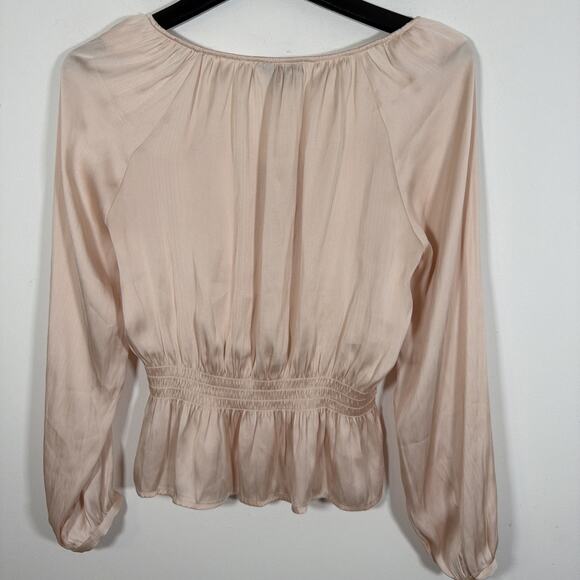 Paige Odalynn Satin Smocked Long Sleeve Blouse Medium Cream Tan Silky Revolve - Picture 7 of 8